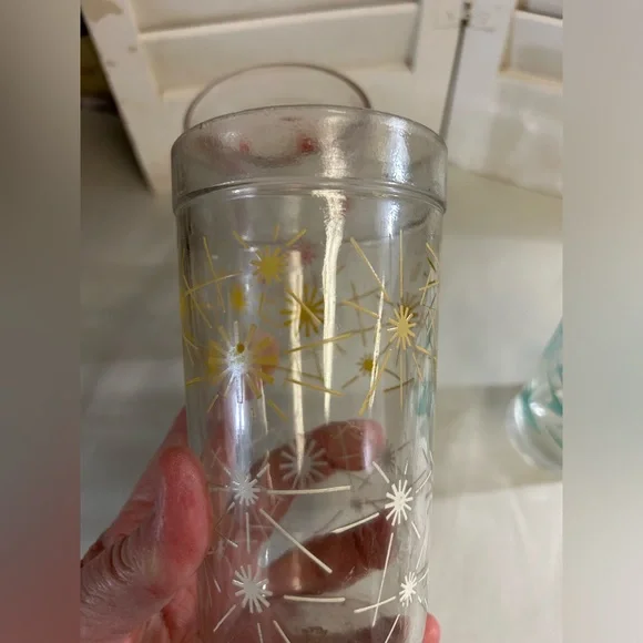 3 Vintage 50s 60s atomic drink glass Starburst Boomerang Teal Red Yellow MCM - Picture 16 of 16